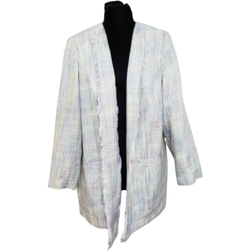 Vintage Maggie Barnes Pastel‎ Mint Lavender Raw Frayed Open Blazer Plus Size 18W